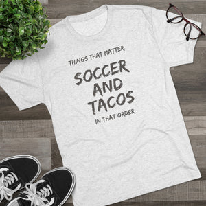 Men's Soccer and Tacos Black Tri-Blend Crew Tee