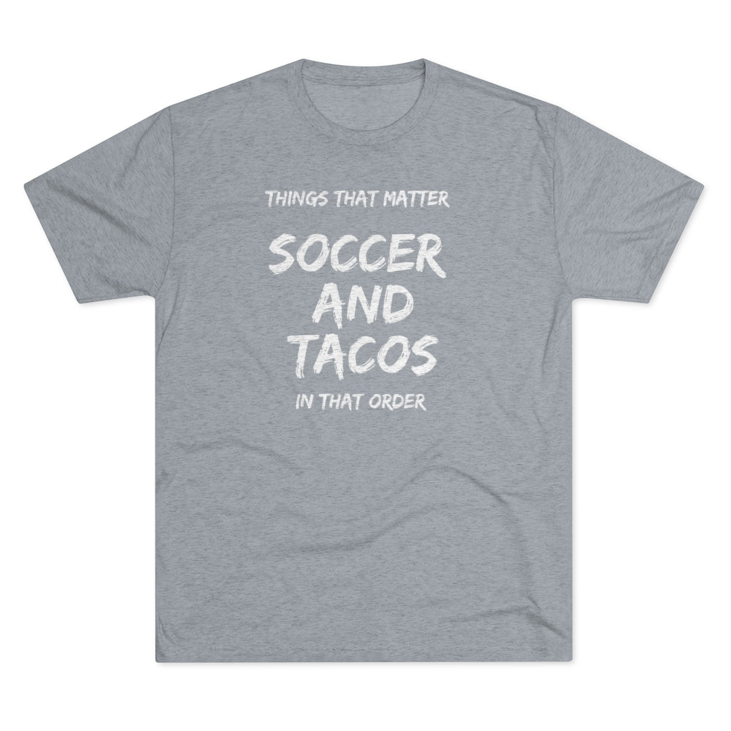 Men's Soccer and Tacos White Tri-Blend Crew Tee