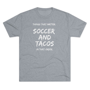 Men's Soccer and Tacos White Tri-Blend Crew Tee