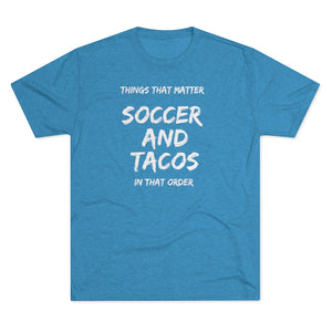 Men's Soccer and Tacos White Tri-Blend Crew Tee