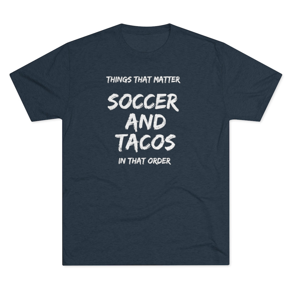 Men's Soccer and Tacos White Tri-Blend Crew Tee