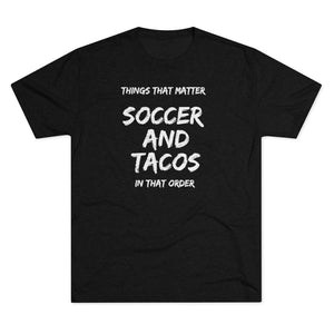 Men's Soccer and Tacos White Tri-Blend Crew Tee