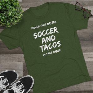 Men's Soccer and Tacos White Tri-Blend Crew Tee