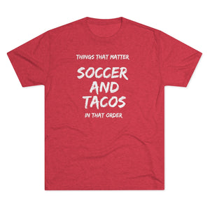 Men's Soccer and Tacos White Tri-Blend Crew Tee